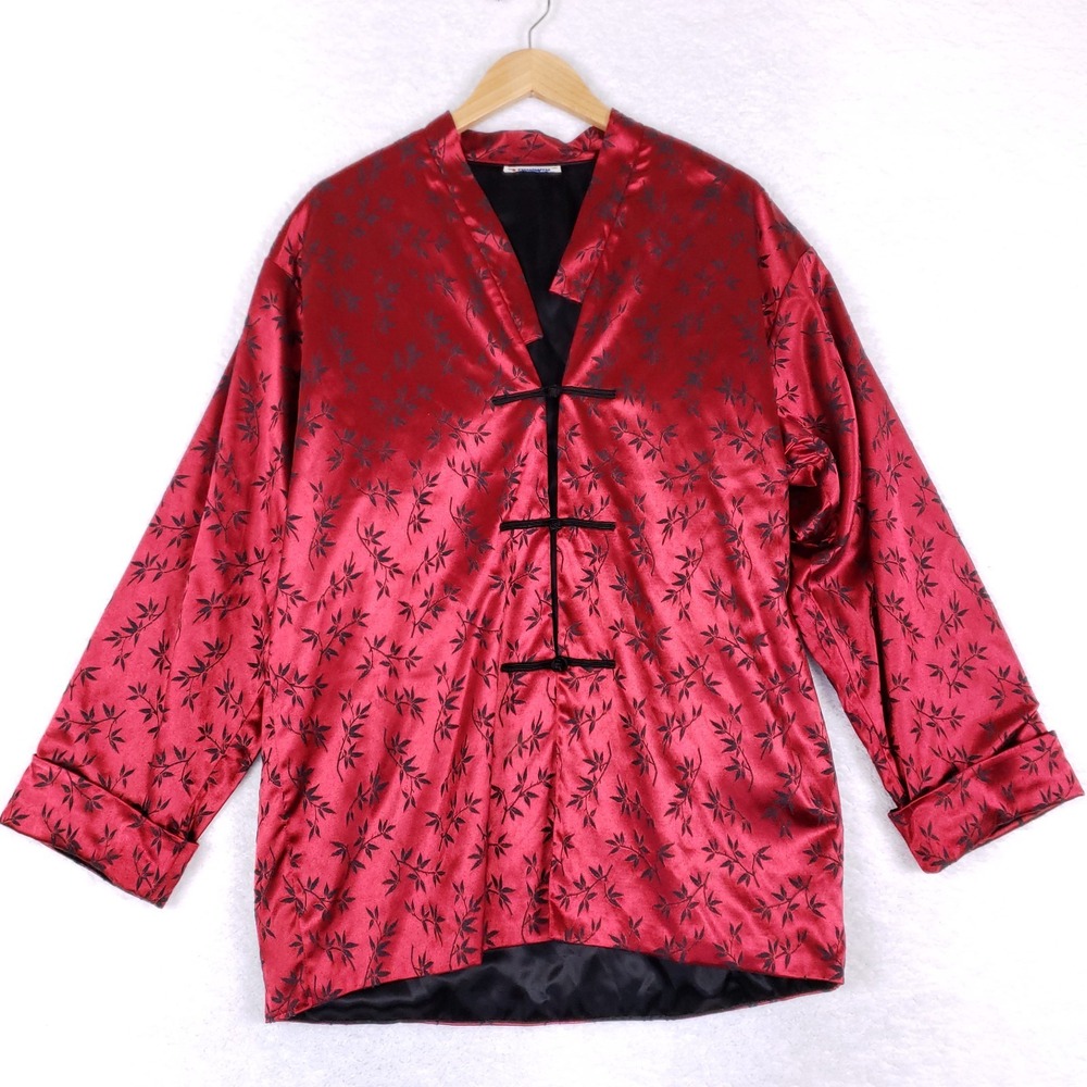 Asian Inspired Satin Tunic Top Red Black Bamboo Print Frog Button Jacket XL
